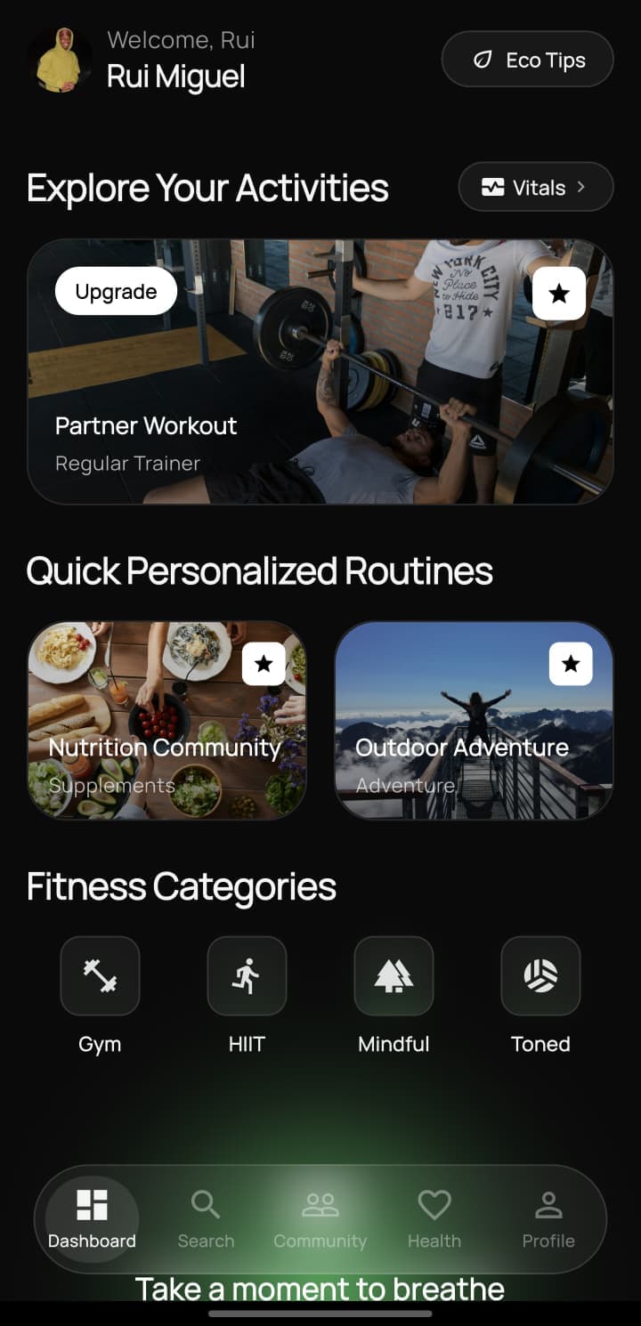 SolarVita dashboard tab with the breathing pulse, workout and streak cards